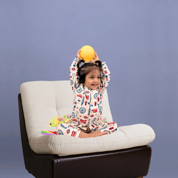 Full Sleeves Baby Pajamas with London Bus Print – Cream